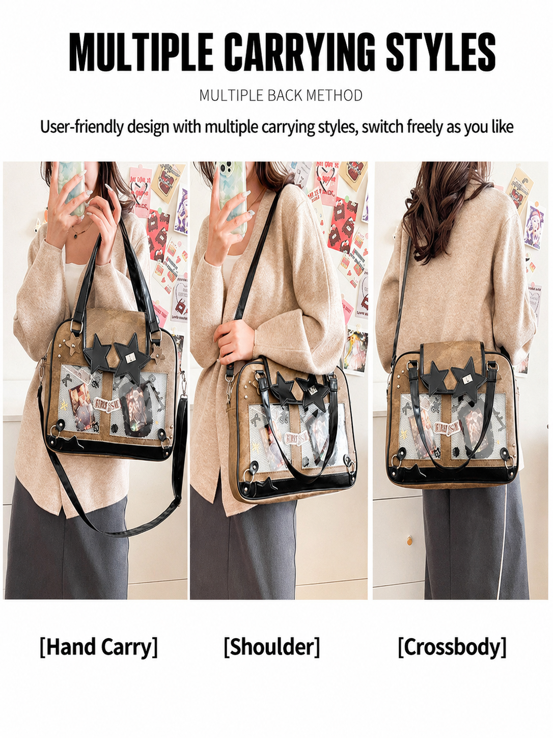 Star Decor Denim Ita Crossbody Handbag