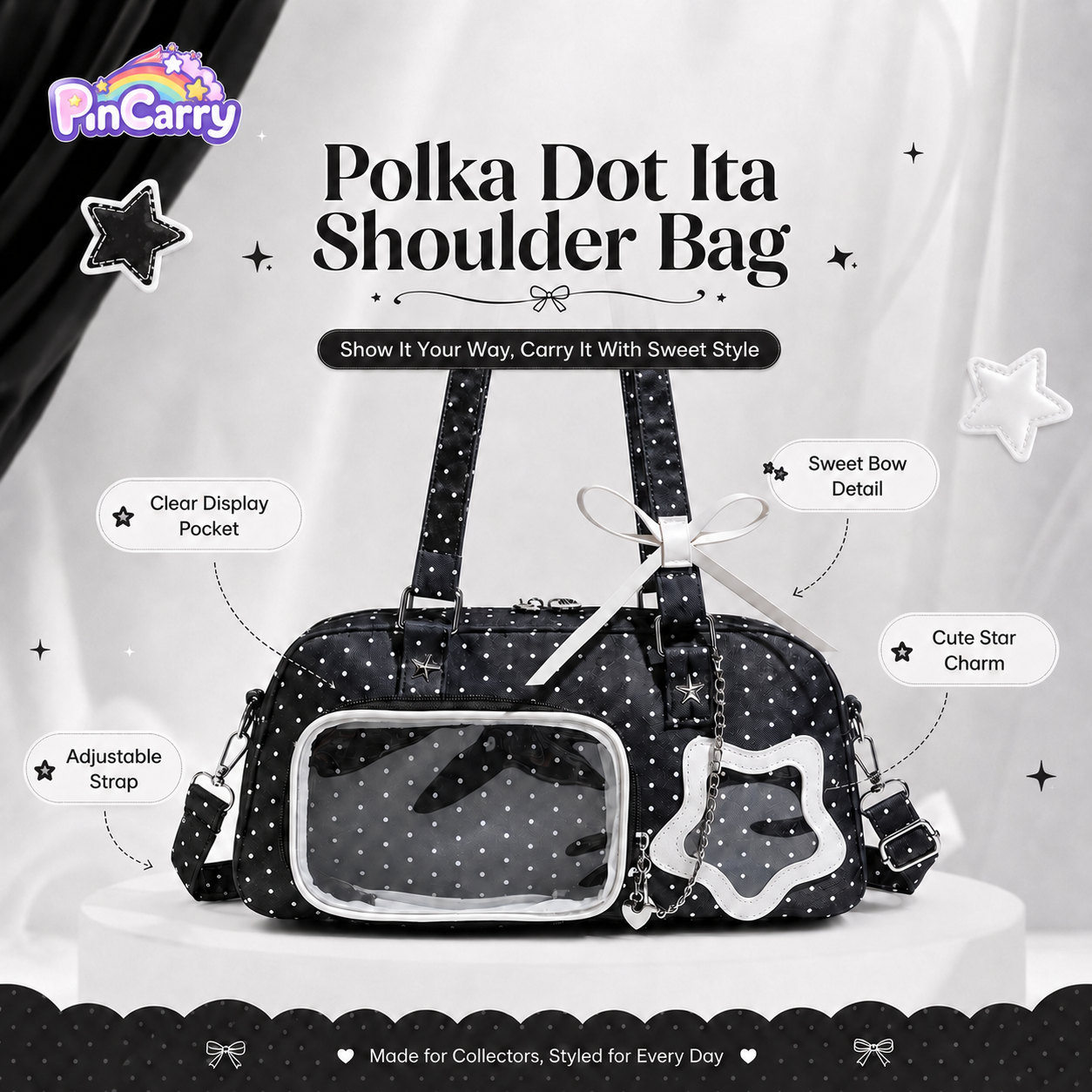 Polka Dot Star Decor Transparent Ita Shoulder Handbag