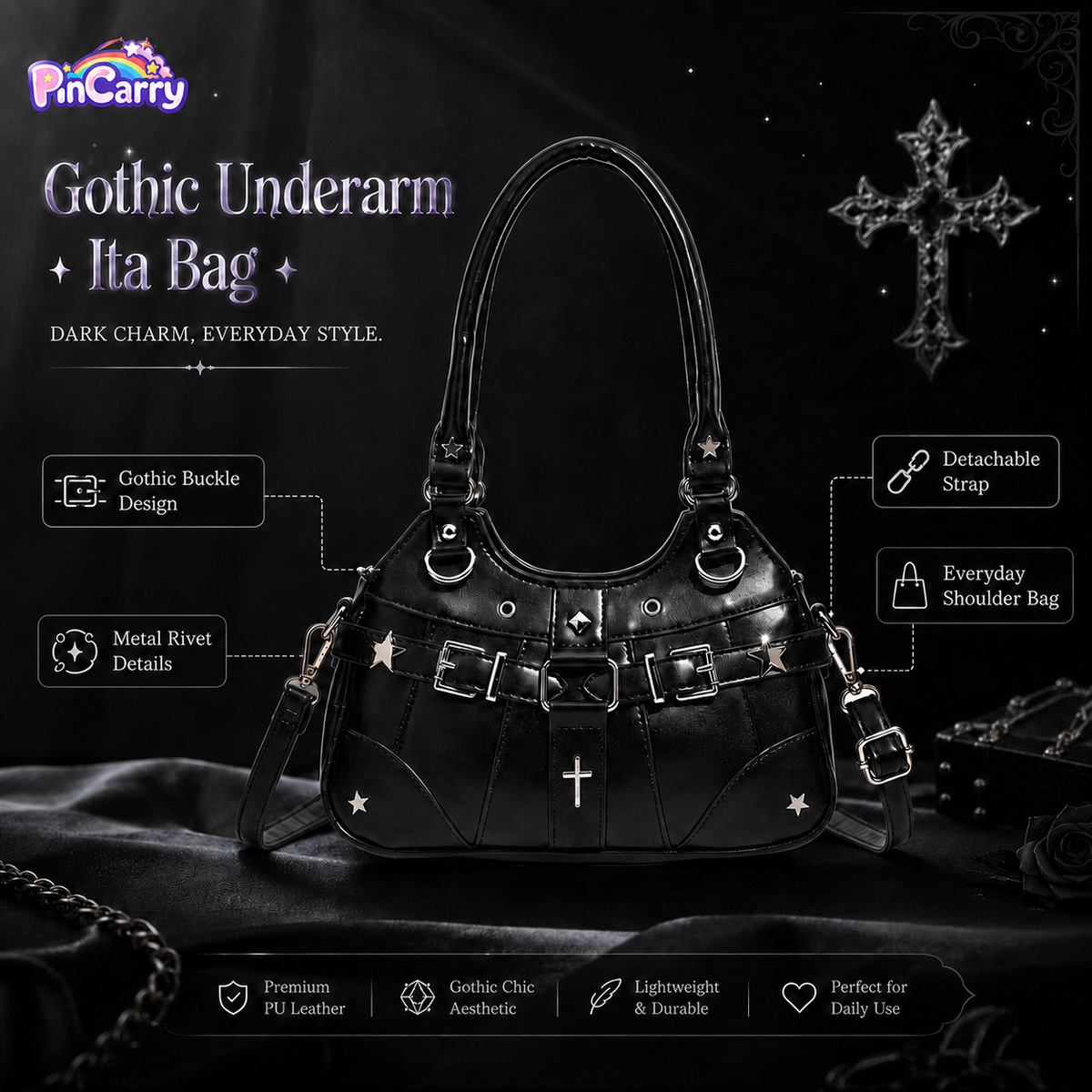 Gothic Punk Rivet Decor PU Underarm Ita Crossbody Bag