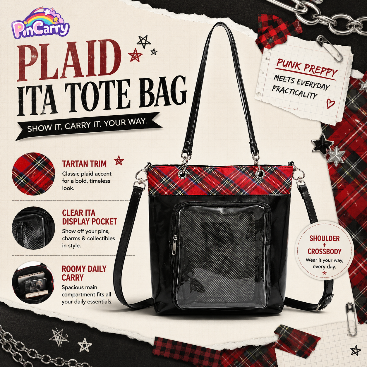 JK Plaid Trim Ita Tote Shoulder Bag