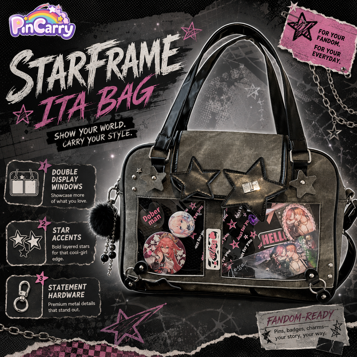 Star Decor Denim Ita Crossbody Handbag
