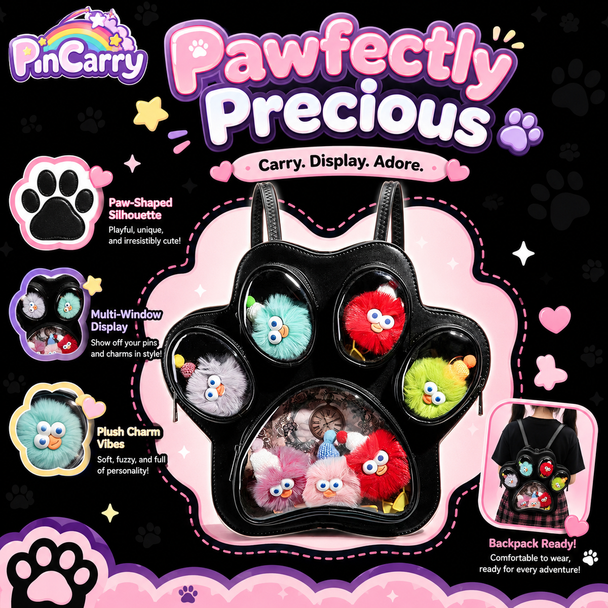 Black Cat Paw Transparent Ita 3-Way Convertible Backpack