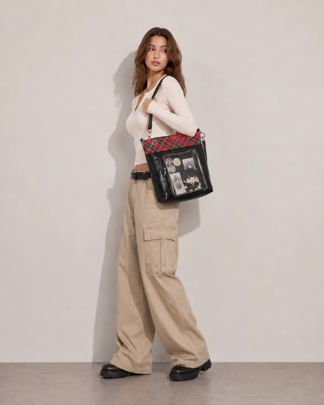 JK Plaid Trim Ita Tote Shoulder Bag