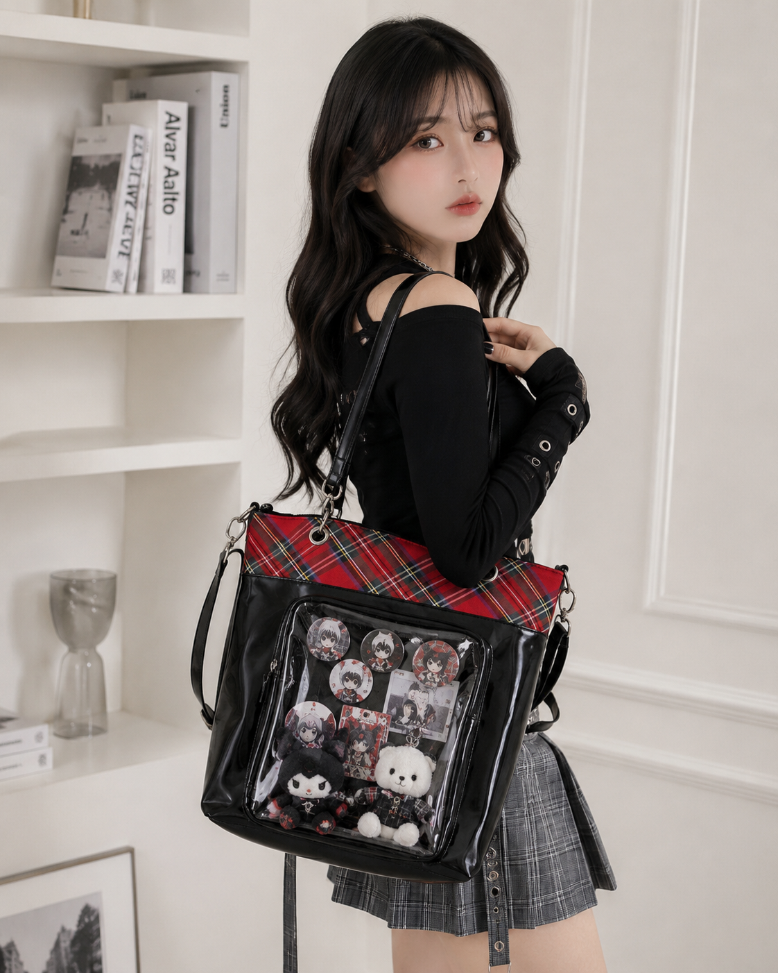 JK Plaid Trim Ita Tote Shoulder Bag
