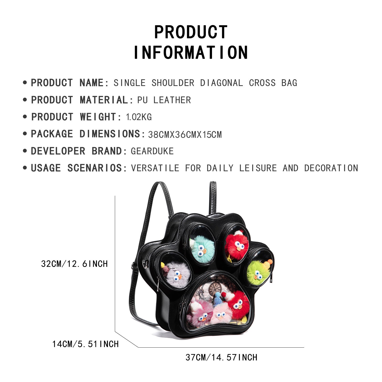 Black Cat Paw Transparent Ita 3-Way Convertible Backpack