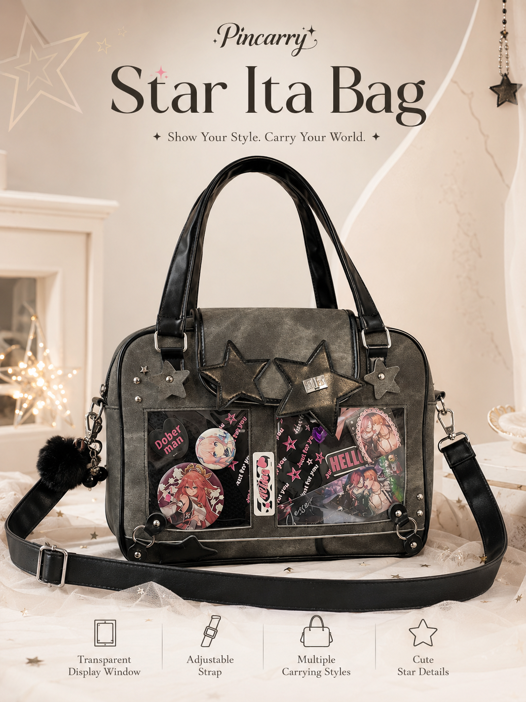 Star Decor Denim Ita Crossbody Handbag